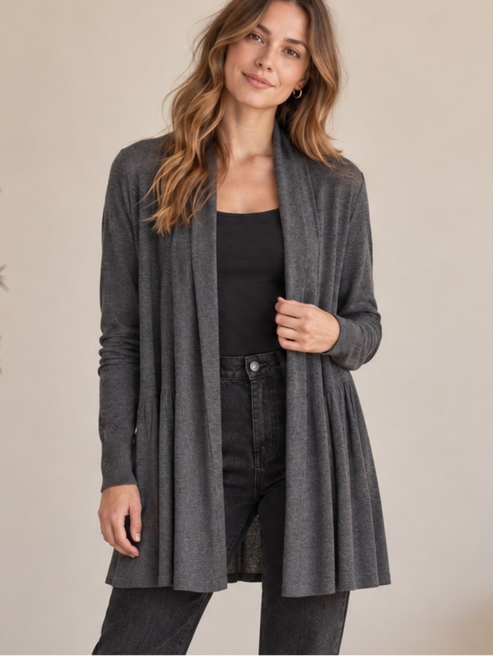 LINE Modal Cashmere Charcoal Pleated Back Open Cardigan M